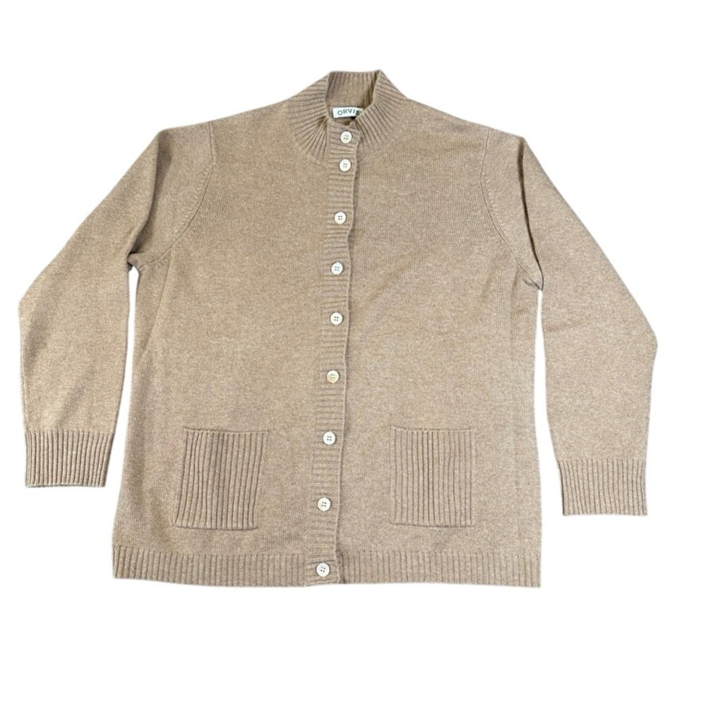 Orvis Womens XL 100% Cashmere Cardigan Sweater Camel Tan Mock Neck Button Front